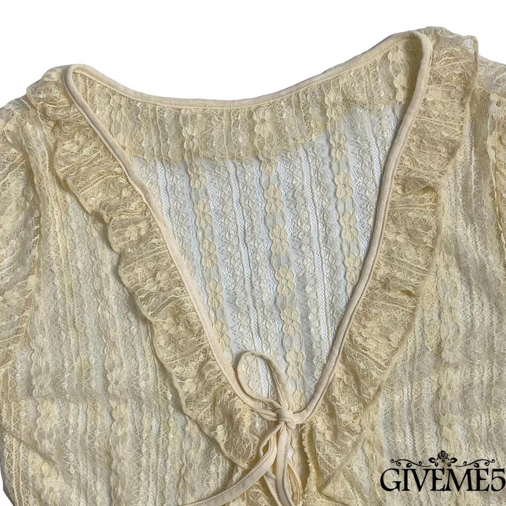 Áo cardigan croptop tay dài cổ chữ V phối diềm xếp nếp vải mỏng xuyên thấu phối ren hoa cột dây dành cho bạn nữ