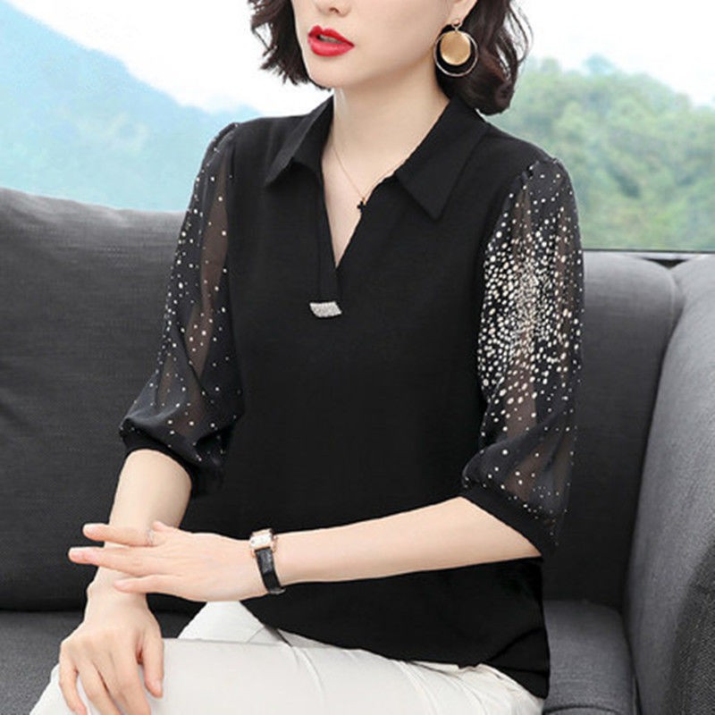 Đầu xuân của các bà mẹ trung niên trang phục mới 2021 Áo sơ mi voan tay ba phần tư, áo sơ mi nữ, áo lưới rời với tay áo | BigBuy360 - bigbuy360.vn
