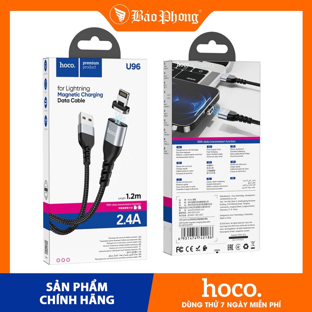 Dây Cáp Sạc nam châm HOCO U96 Dành cho IPIP5 5s 6 6s 7 8 Plus X Xs 11 12 Pro Max i-Pad Mini
