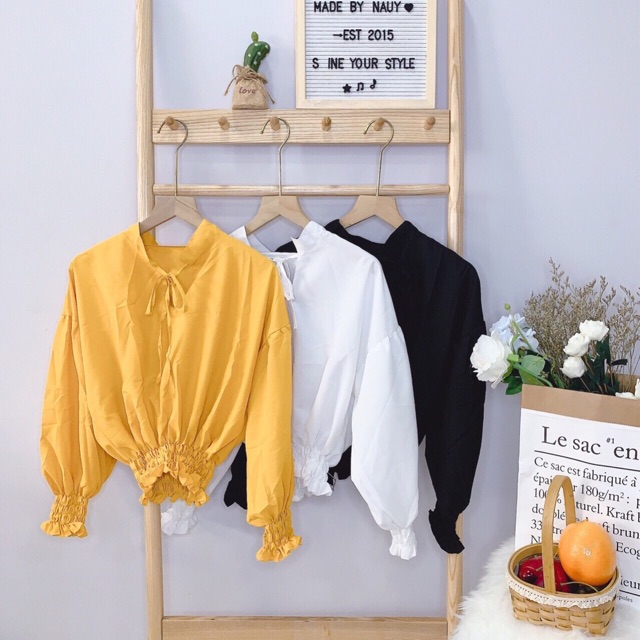 Áo bánh bèo cổ tàu BIGOMALL - Áo Kiểu Tay Phồng Bo Eo