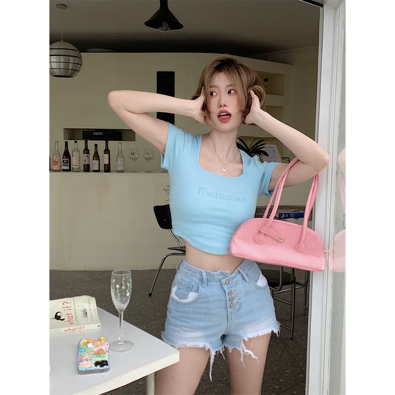 NUZIRO Áo Croptop Tay Ngắn Cổ Vuông Phong Cách Retro Hàn Quốc Cho Nữ