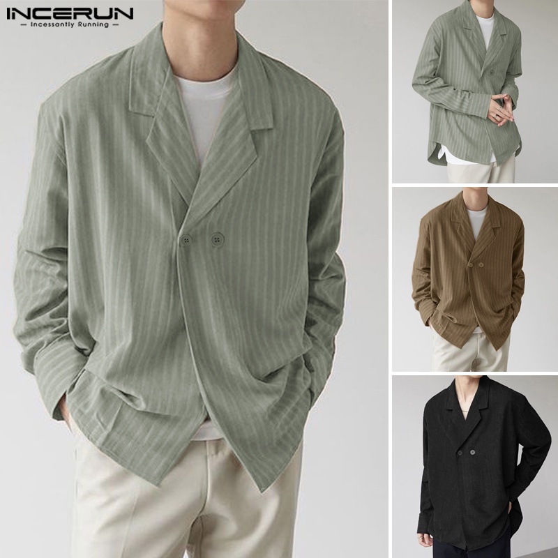 Áo khoác blazer INCERUN tay dài dáng rộng họa tiết kẻ sọc thời trang công sở cao cấp cho nam