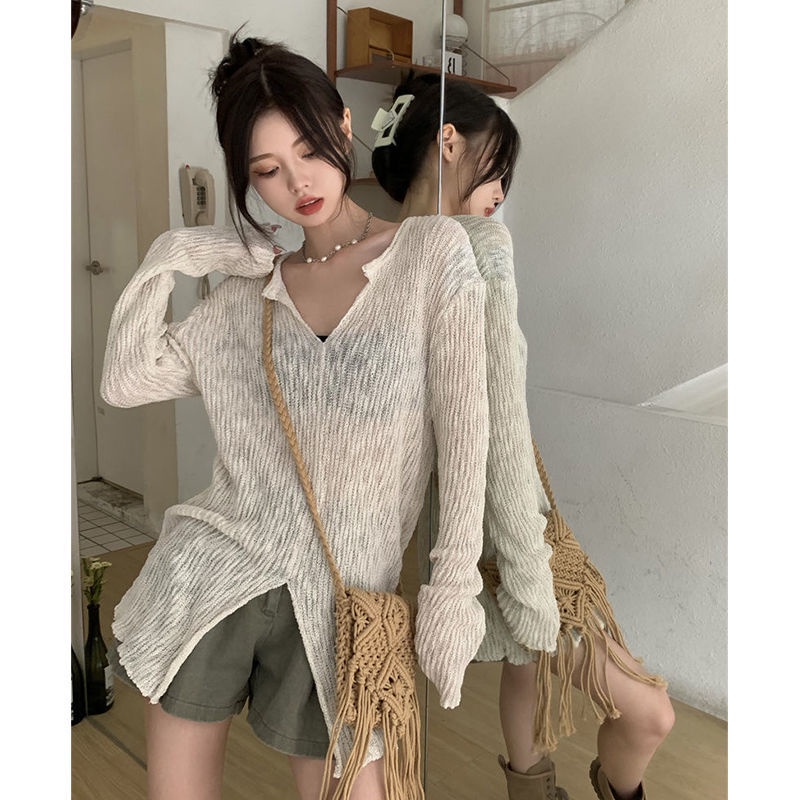 Áo Thun Dệt Kim Tay Dài Chống Nắng Dáng Rộng Mỏng Phong Cách Mùa Hè Mới Y2k