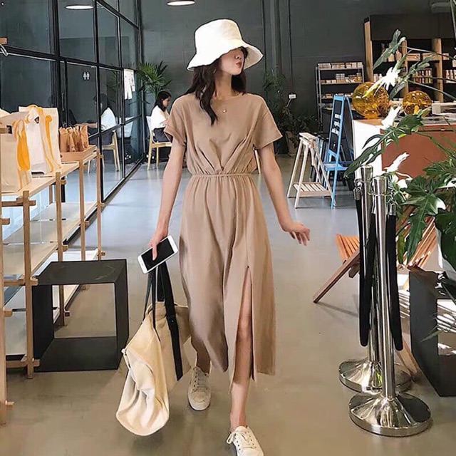 Đầm maxi nude tay ngắn bo thun eo xẻ chân (kèm ảnh thật)