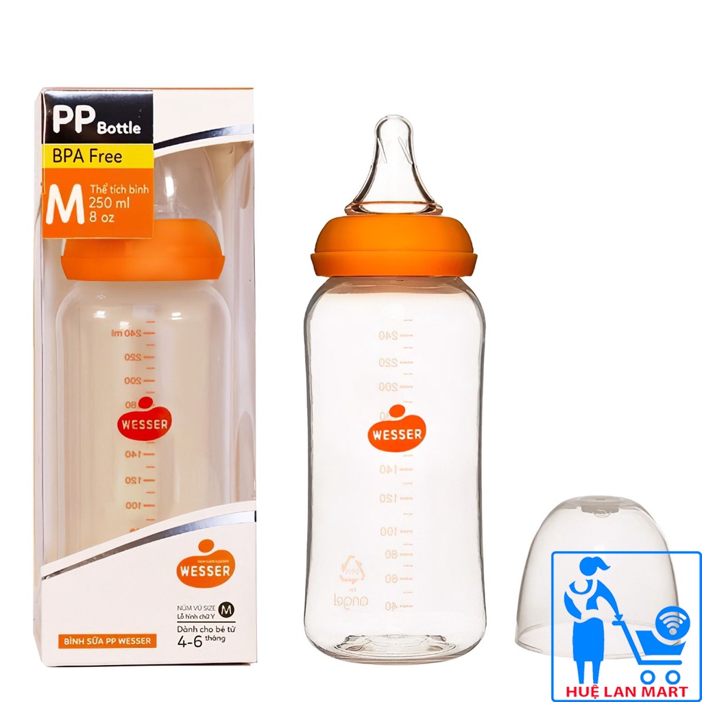 [CHÍNH HÃNG] Bình Sữa PP Wesser Cổ Nhỏ 250ml (Màu Vàng)