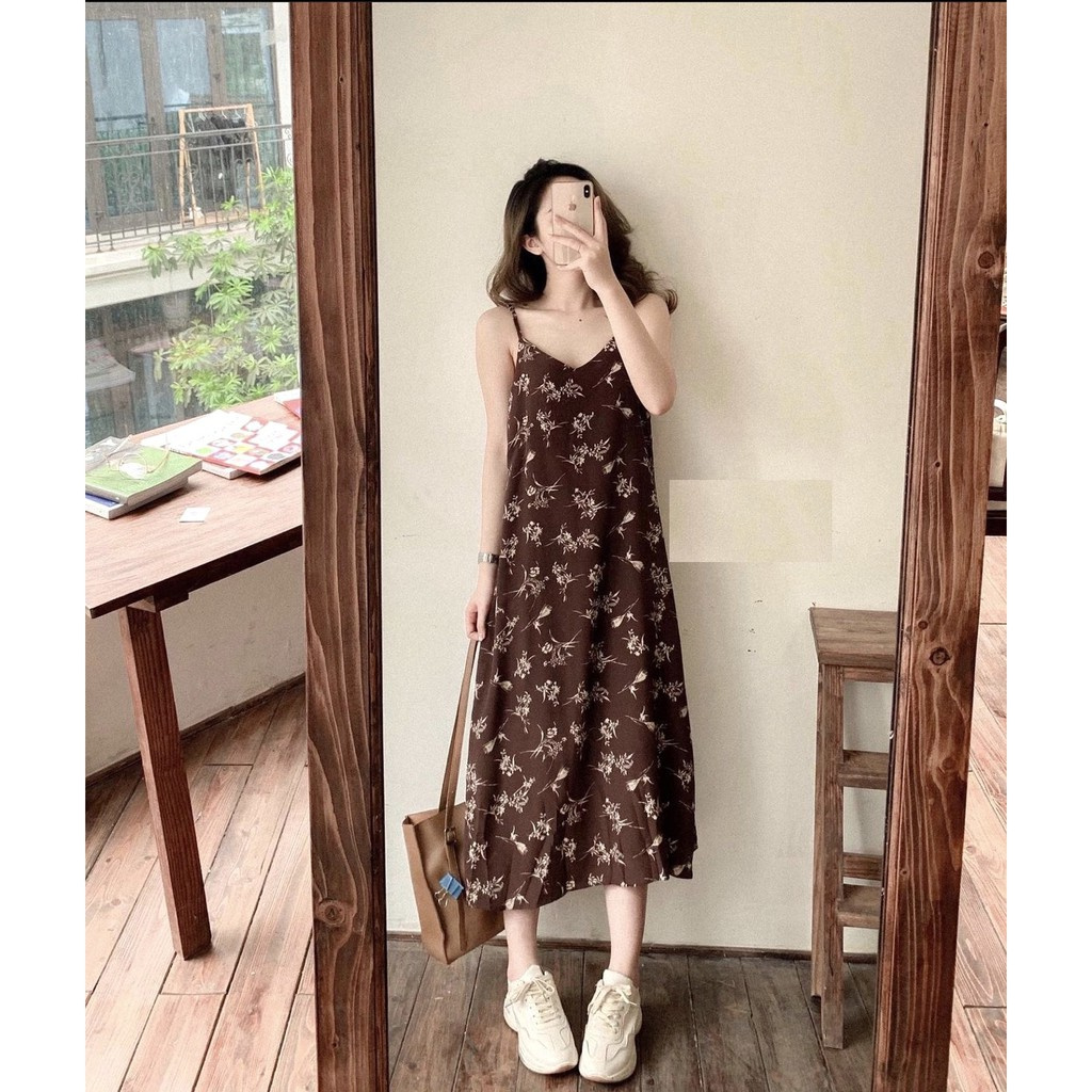 Váy 2 Dây Hoa Nhí Nâu PEONYB Nữ [FREESHIP] 🌸 Đầm midi 2s cổ V vintage, dáng suông mặc đi biển mùa hè Ulzzang HOT 🌸  ྇