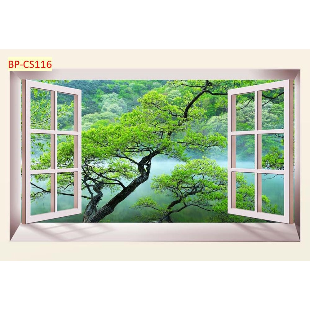 Tranh dán tường 3D khung cửa sổ thiên nhiên trong lành
