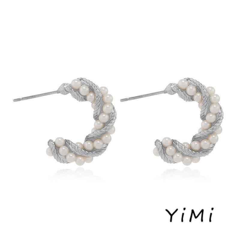 [mo] Bông Tai Ngọc Trai Xoắn Hình Chữ C Đơn Giản Cá Tính