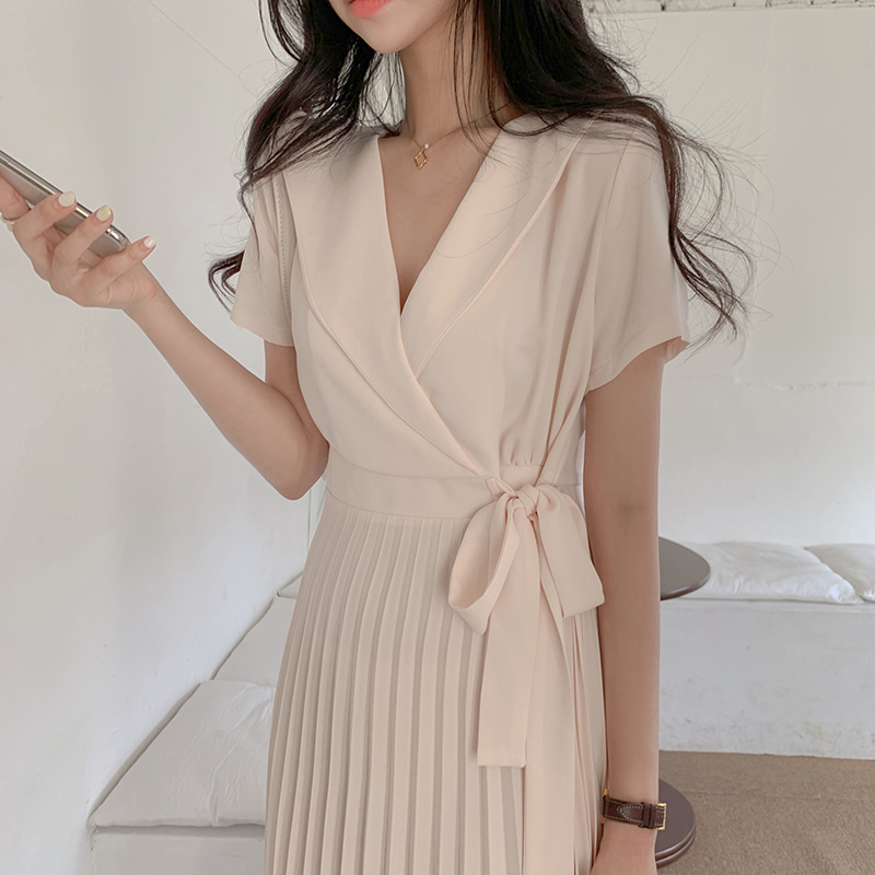 Đầm midi tay ngắn cổ chữ V màu trơn xinh xắn thời trang 34757