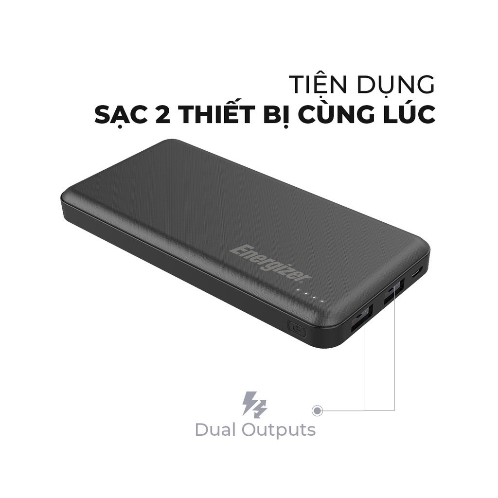 Sạc dự phòng Energizer 10.000mAh UE10053-Thiết kế sang trọng, tích hợp 2 cổng USB-A outputs - Hàng Chính Hãng