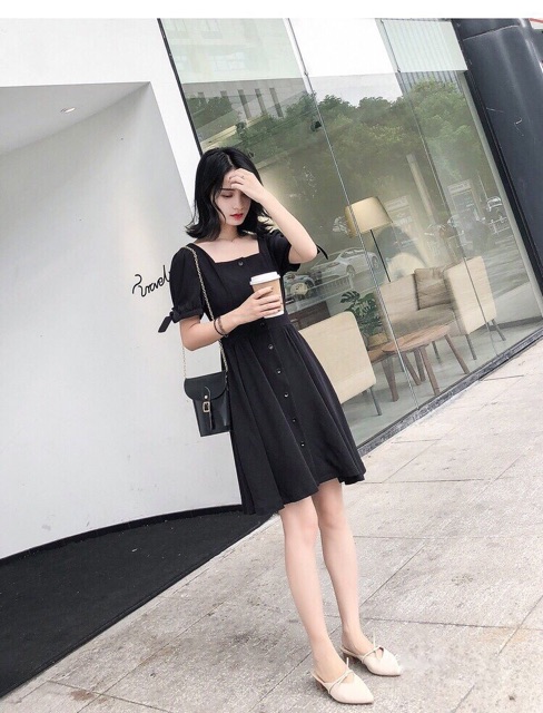 ĐẦM CỔ VUÔNG TAY NƠ kt ( Kèm ảnh thật)