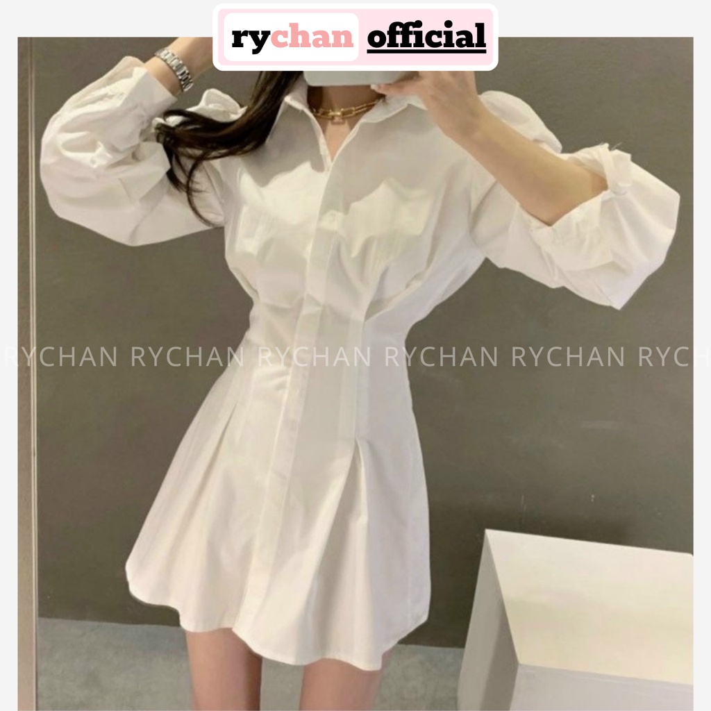 Đầm Sơ Mi Trắng Dáng Xòe Tay Dài Xếp Li Eo Phối Với Corset Cực Tráy Cho Các Chị Em - DX9831
