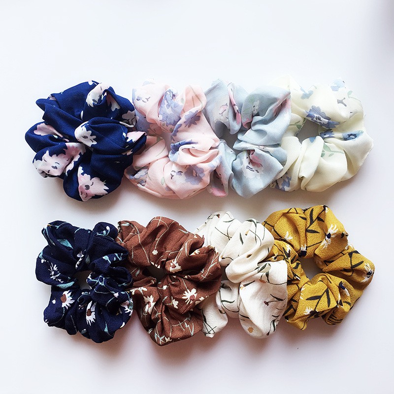 Dây cột tóc vải scrunchies hoa văn, đồ buộc tóc crunchies caro phụ kiện tóc