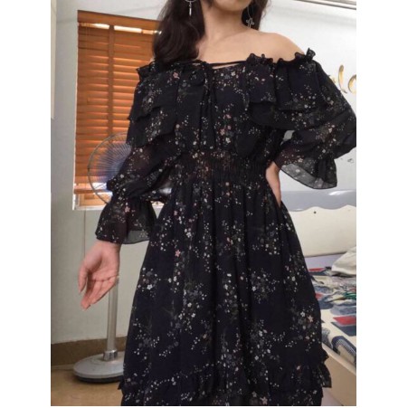 [CÓ SẴN] [ẢNH THẬT+VIDEO] Váy Trễ Vai Hoa Nhí 2 Lớp Dài Tay Ullzzang | BigBuy360 - bigbuy360.vn