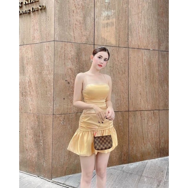 Đầm body phi nhún đuôi cá 2 dây / Xanh, vàng