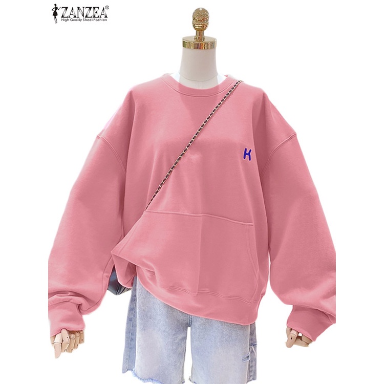 Áo sweatshirt nữ ZANZEA dáng rộng màu trơn cổ tròn tay phồng thêu chữ thời trang dạo phố thường ngày