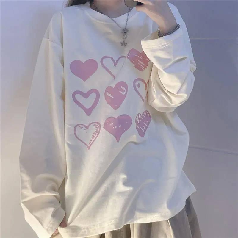 Áo thun tay dài dáng rộng in hình trái tim thời trang mùa thu cho nữ