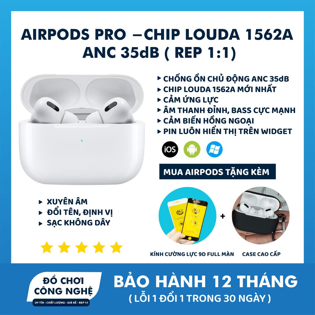 Tai Nghe Bluetooth Airpods Pro Chip Louda 1562A Chống Ồn ANC 35db - Xuyên Âm - Cảm Biến Lực - Full Option