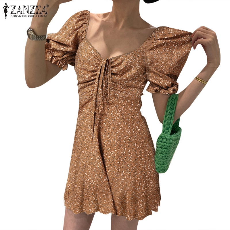 ZANZEA Đầm Tay Phồng Cổ Vuông Phối Dây Rút In Họa Tiết Thời Trang Cho Nữ