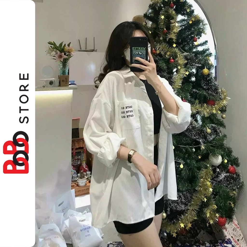 Áo khoác sơ mi nhung tăm có túi oversize dành cho nữ thêu chữ cute girl - BoBo Store