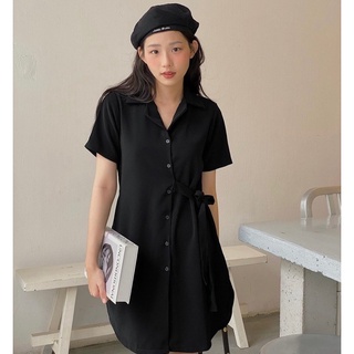Đầm sơ mi cổ vest màu đen có dây thắt eo chất lụa mềm mát freesize
