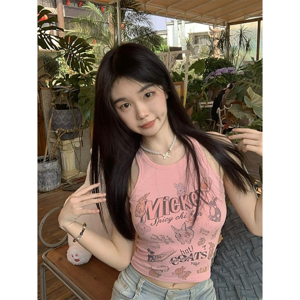 Áo Croptop Cổ Tròn Dáng Ôm In Họa Tiết Hoạt Hình Thời Trang Mùa Hè Cho Nữ