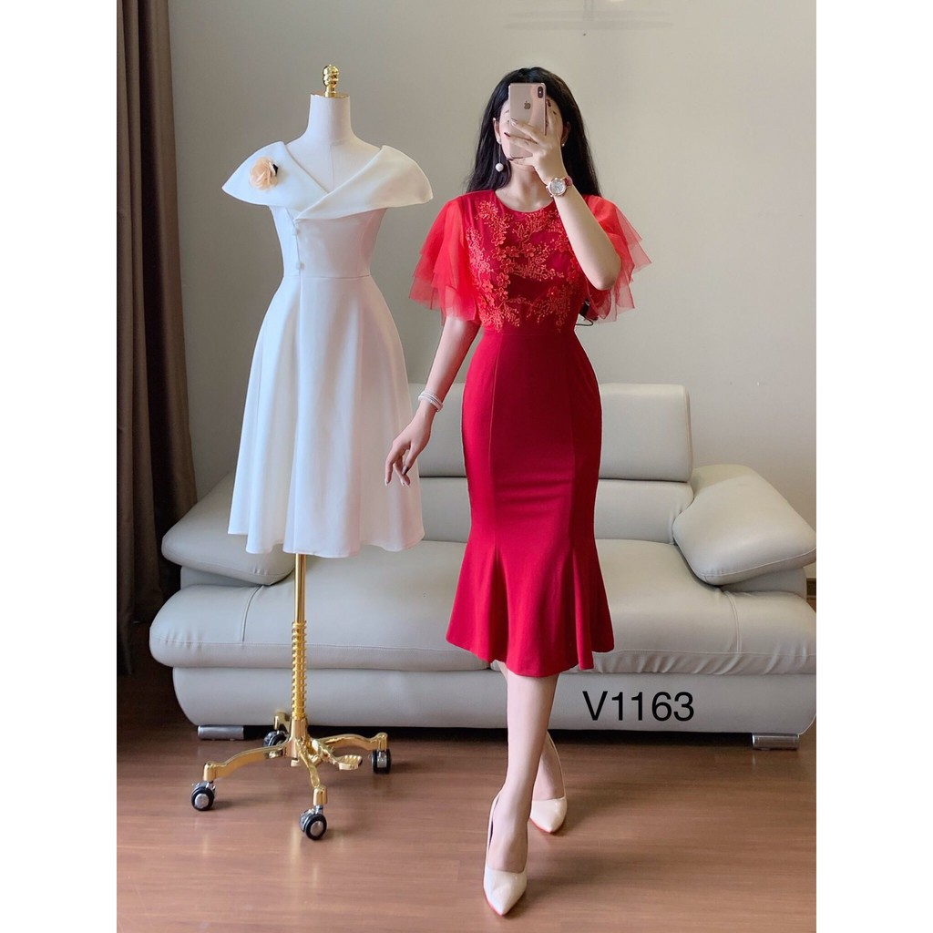 [ xả kho ] MiD Đầm đỏ thiết kế V1163 chất umi nhật đáp ren thêu hoa thủ công
