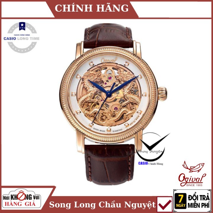 Đồng hồ nam mặt kính sapphire Ogival OG358.652AGR-GL - Dây Da , bản Song Long Chầu Nguyệt