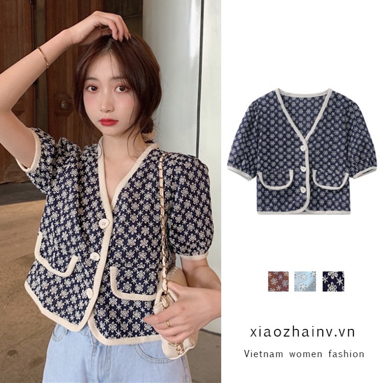 (Hàng Đẹp) Xiaozhainv Áo Sơ Mi Tay Ngắn Cổ Chữ V Họa Tiết Hoa Phong Cách Hàn Quốc Cho Nữ (ảnh thật)