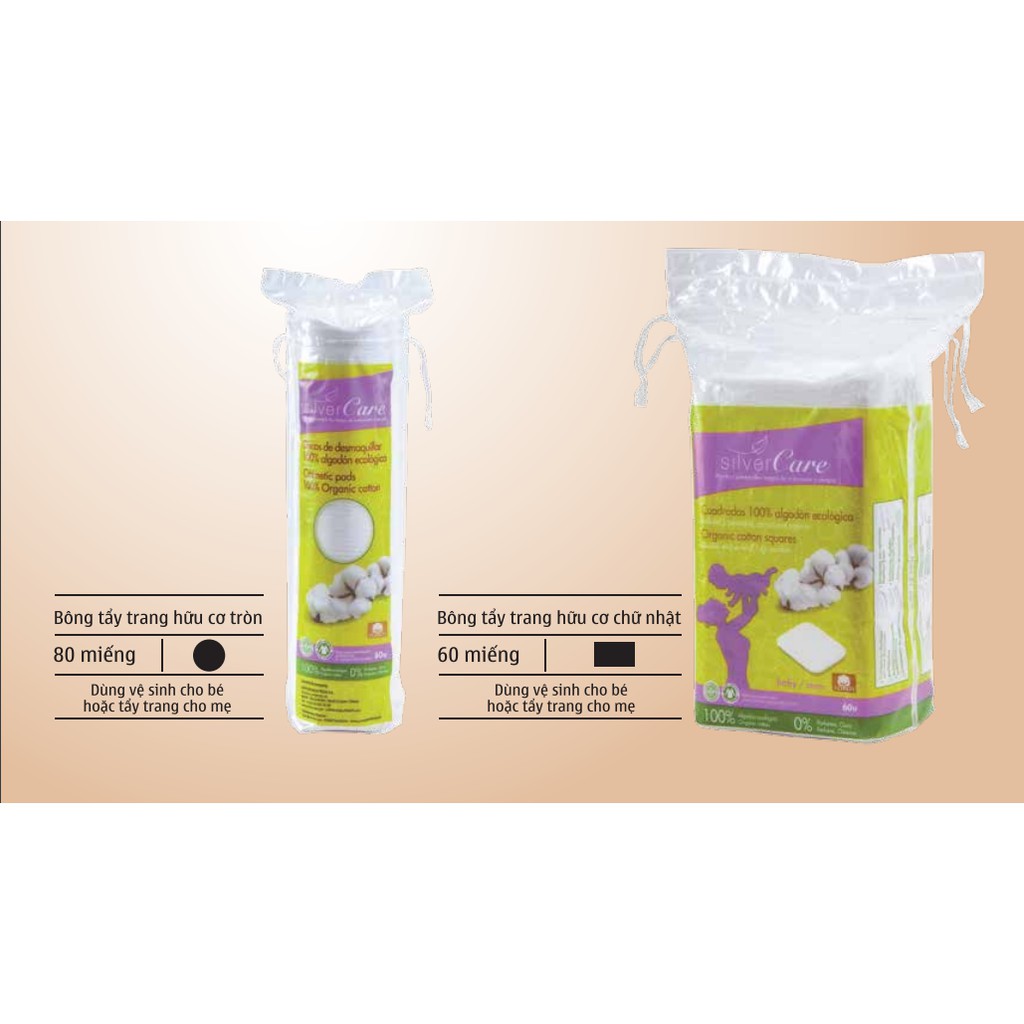 Bông cotton/tẩy trang hữu cơ Silvercare 60-80 miếng
