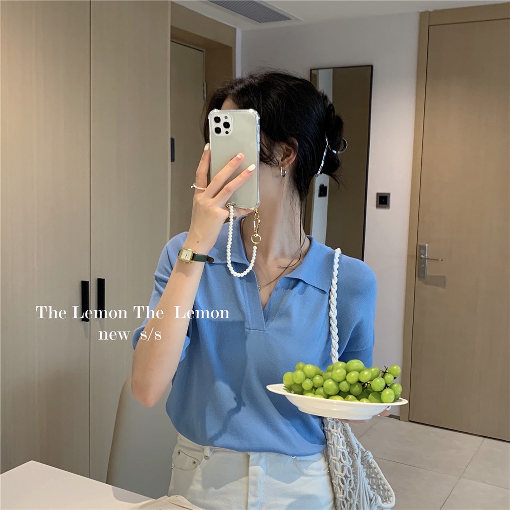 Áo dệt kim QADCOL tay ngắn cổ bẻ thời trang trẻ trung cho nữ