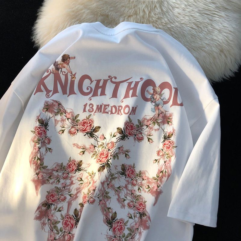 Áo Thun Cotton Ngắn Tay Dáng Rộng In Hình Hoa Hồng Thắt Nơ Kiểu Retro Mỹ Cho Cặp Đôi