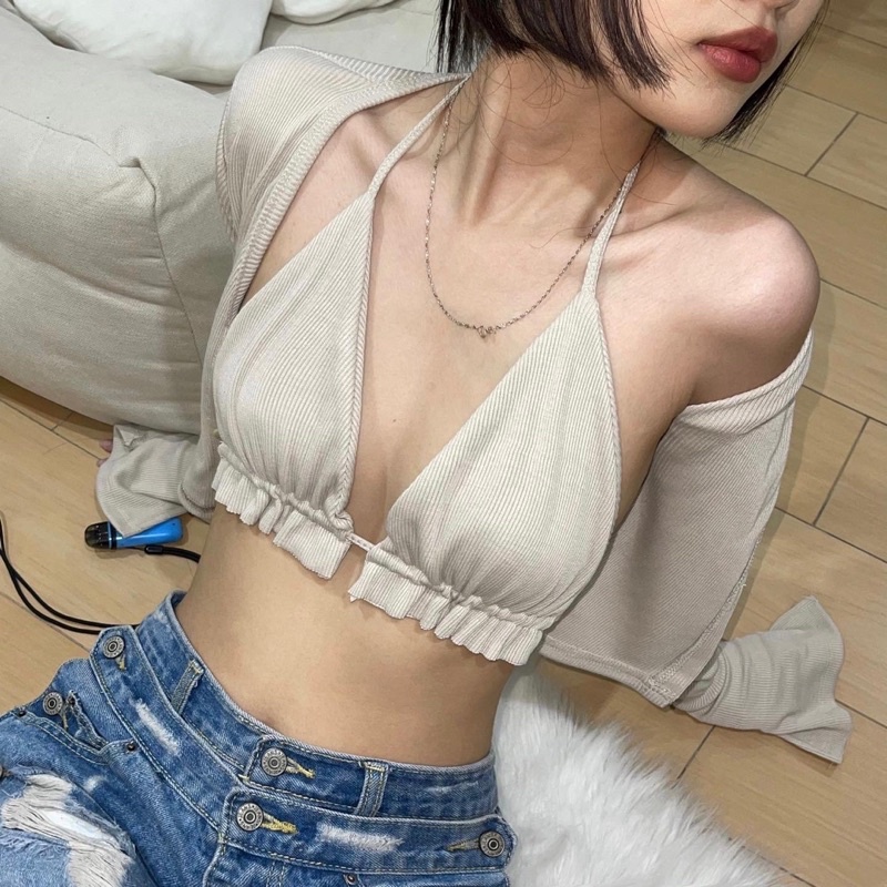 Set áo bikini và áo ngoài màu ghi