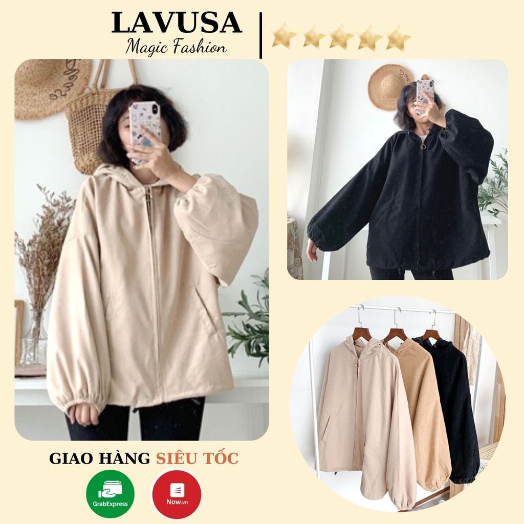 Áo Khoác nhung Lì 2 Lớp Tay Bồng Ulzzang Có Mũ Dày Dặn Ấm Áp LAVUSA (ảnh thật/sẵn/cóvideo)