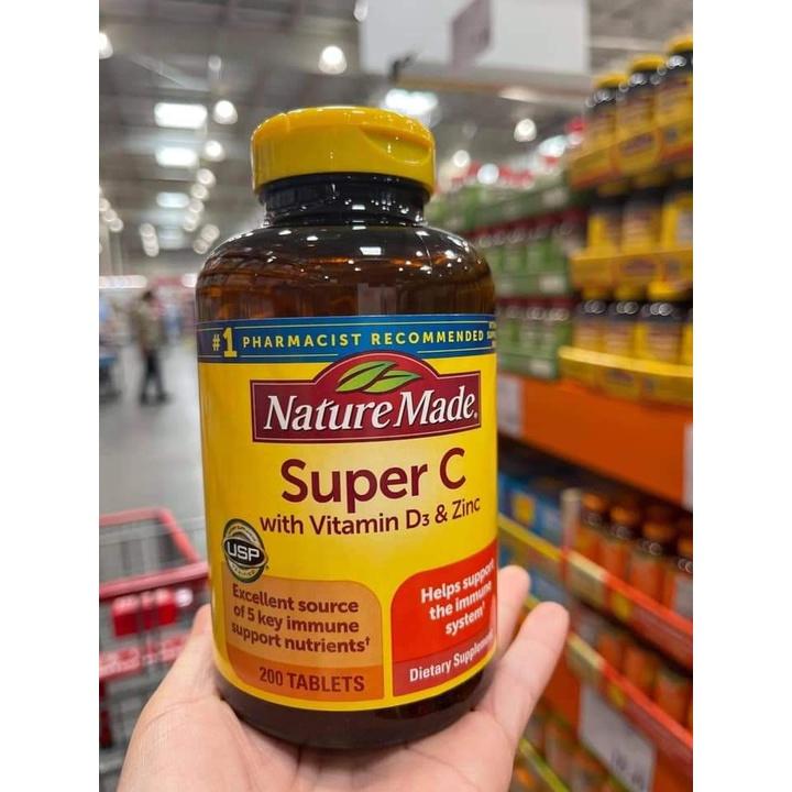 Viên uống tăng cường miễn dịch Super C Nature Made - Thực phẩm chức năng bổ sung vitamin C, D3, Kẽm USA 200 viên