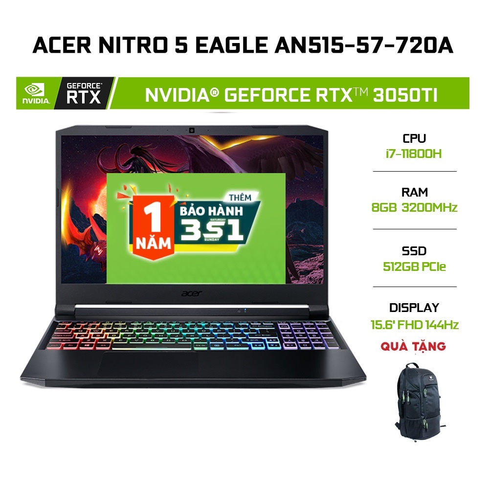 Laptop Acer Nitro 5 Eagle AN515-57-720A i7-11800H 8G 512G 15.6' 144Hz RTX™ 3050Ti