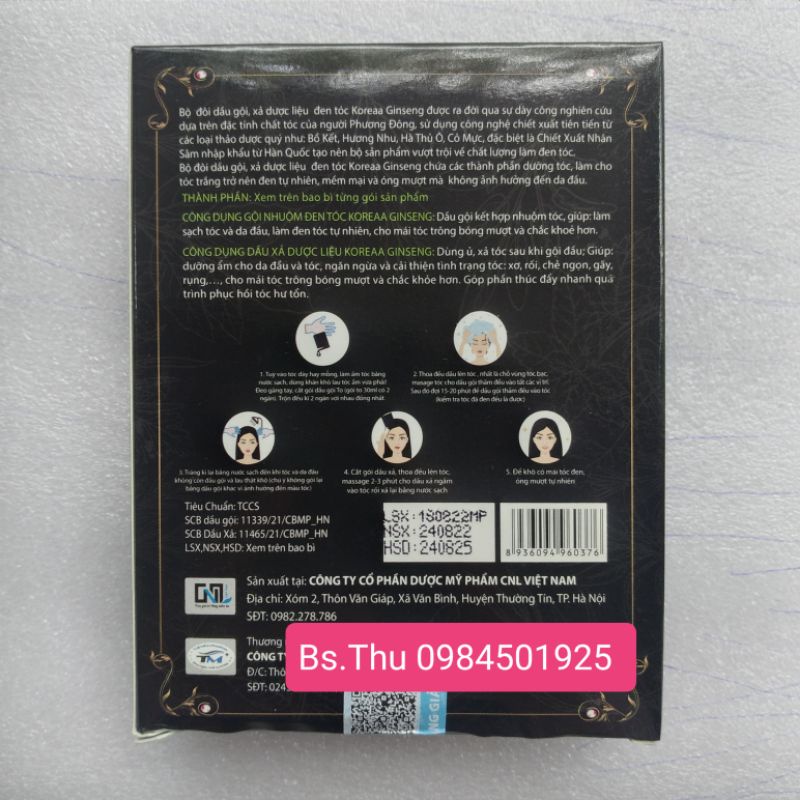 Dầu gội nhuộm đen tóc thảo dược Shitinsof hộp 3 gói, bộ đôi gội nhuộm Koreaa Ginseng