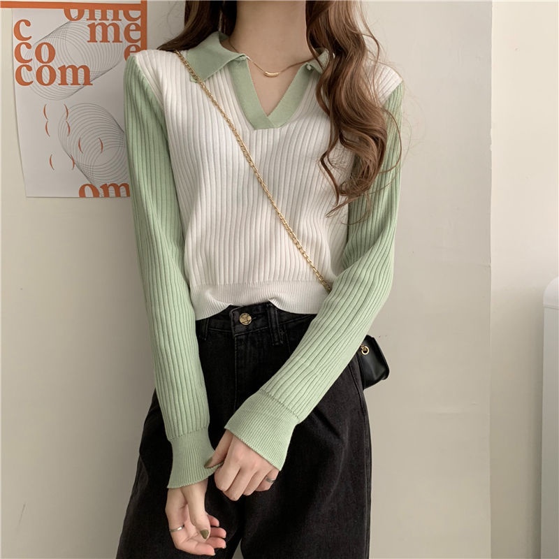 Áo Sweater Polo Màu Sắc Tương Phản Thời Trang Cho Nữ
