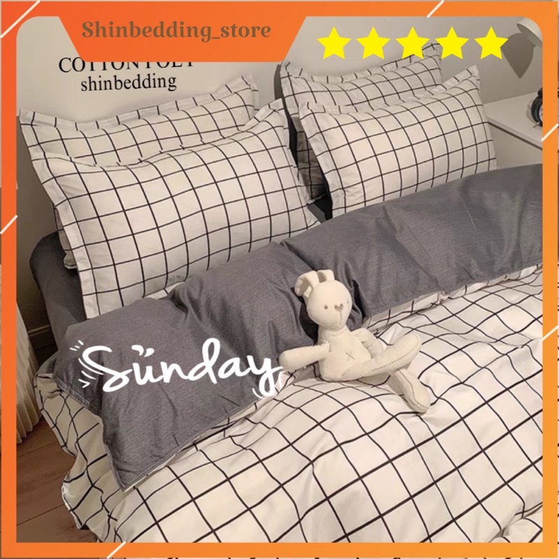 Set Bộ Vỏ Chăn Ga Cotton Poly Ô Vuông Trắng _ shinbedding
