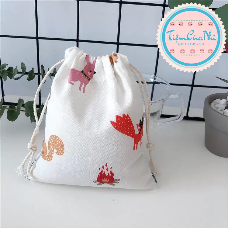 Túi vải dây rút mini cotton pha lanh đựng đồ dùng cá nhân đồ trang điểm in hình họa tiết hoa lá 14X16CM Tiệm Của Nhi