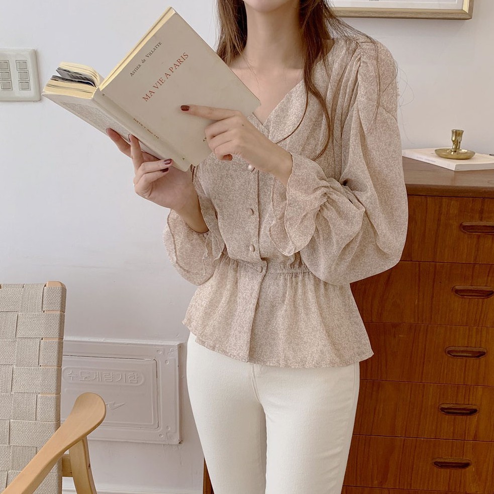Áo Sơ Mi Voan Hoa Cổ Chữ V Dài Tay Phong Cách Mới 38604