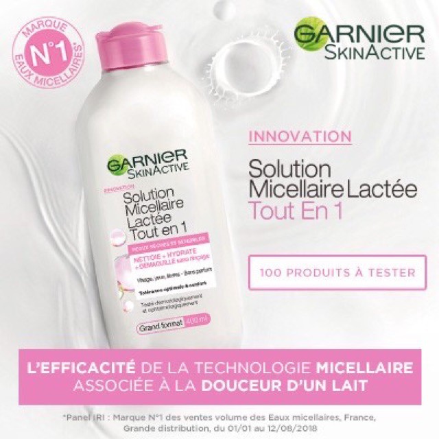 Sữa tẩy trang Garnier Solution Micellaire Lactée Tout en 1 mọi loại da - 400ml - Hồng sữa