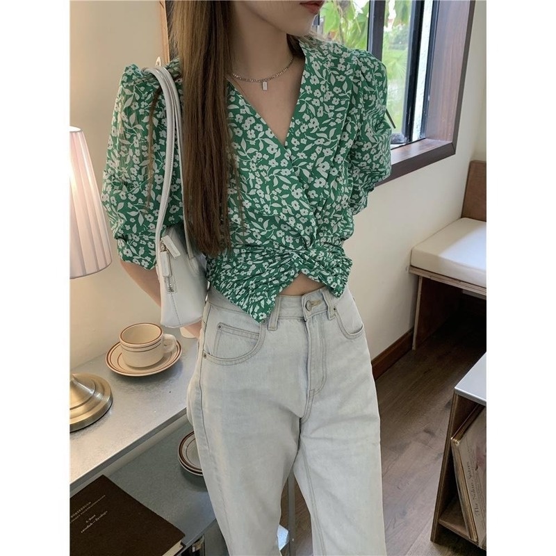 Áo Kiểu Tay Ngắn Cổ Chữ V In Họa Tiết Hoa Nhí Xinh Xắn Thời Trang Phong Cách Pháp Cho Nữ