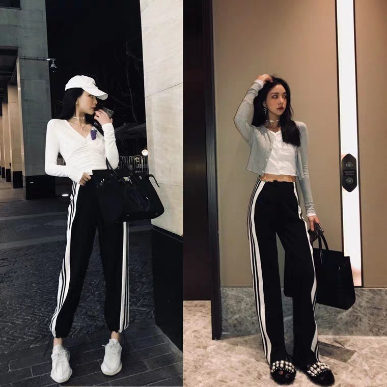 QUẦN JOGGER ĐEN ỐNG SUÔNG 4 SỌC VIỀN TRẮNG MẶC 2 KIỂU CHẤT THUN ULZZANG