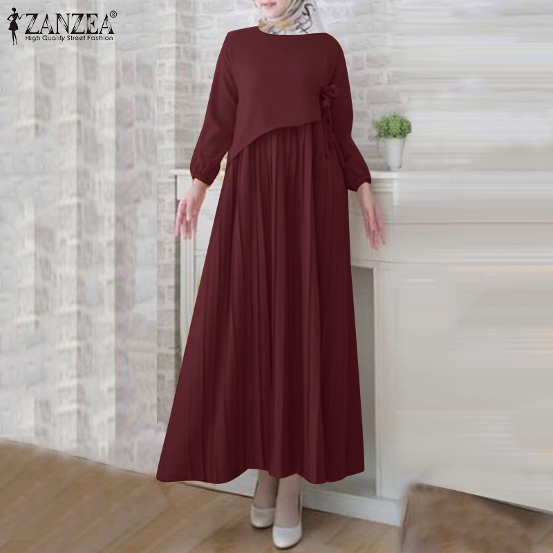 Đầm ZANZEA dáng chữ A cổ tròn xếp ly hai lớp eo thắt dây màu trơn cho phụ nữ phong cách Hồi Giáo
