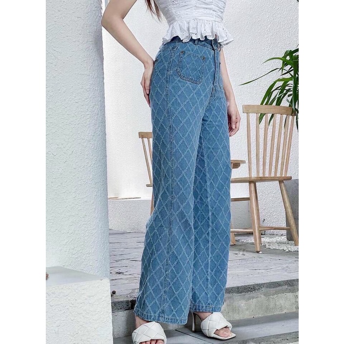 [ CHEO LEO ] QUẦN JEAN ỐNG RỘNG NỮ LƯNG CAO 2 TÚI TRƯỚC PHỐI VẢI JEAN HỌA TIẾT HÌNH THOI XANH NHẠT, XANH ĐẬM LAI CUỐN