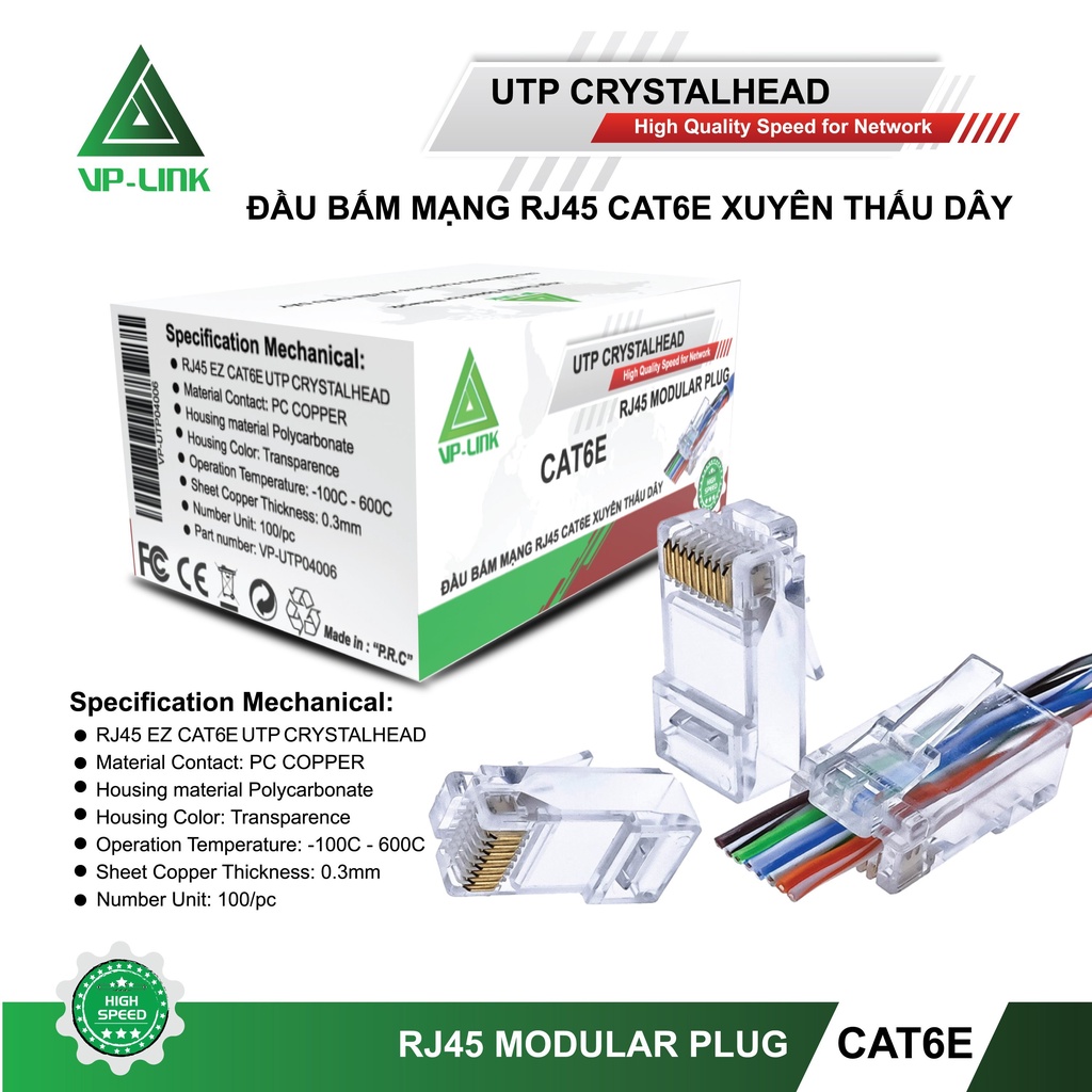 Đầu Mạng Rj45 Vp-Link Cat6e Xuyên Thấu