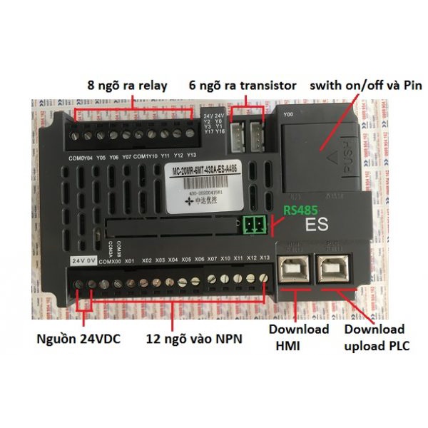 Màn hình cảm ứng YKHMI 5″ tích hợp PLC Delta ES2, Model MC-24MR-12MT-500ES-E