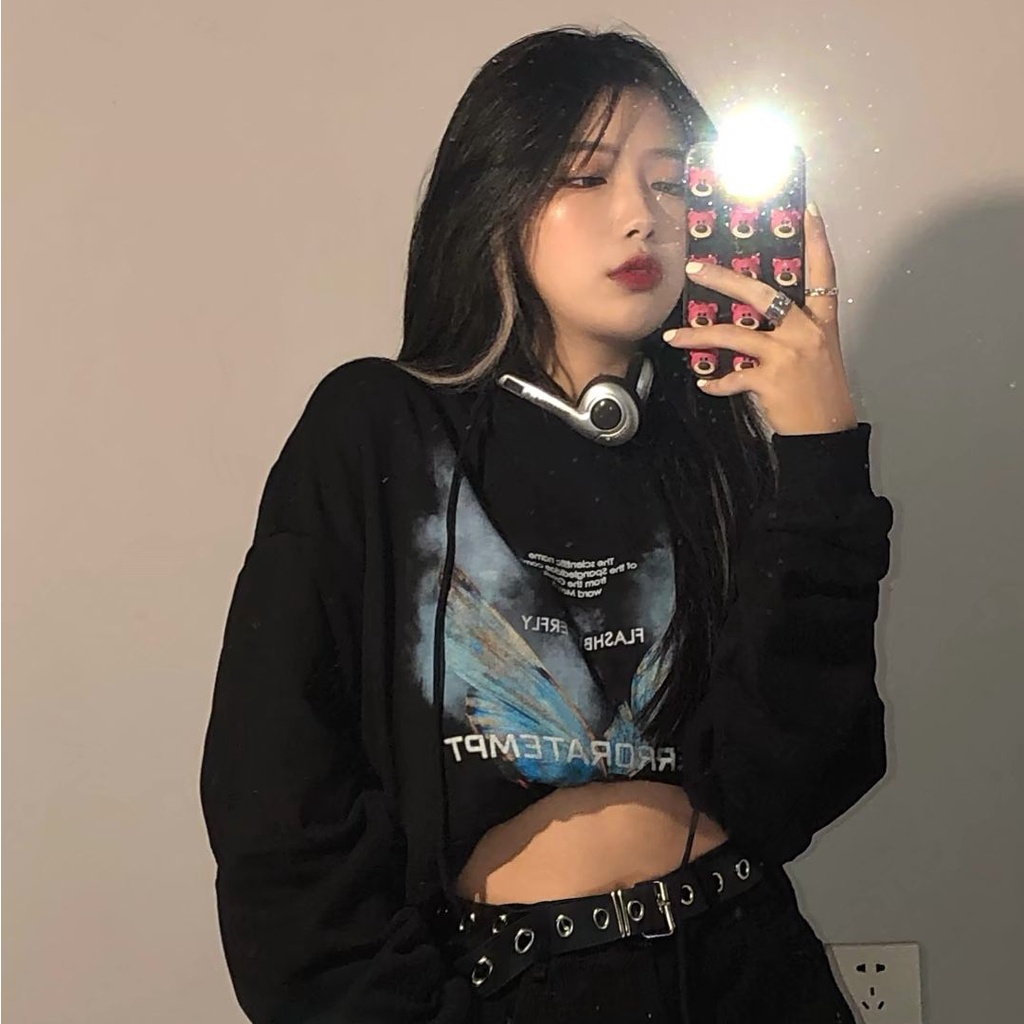 ZHELIHANGFEI Áo Hoodie Tay Dài Dáng Rộng In Hình Bướm Khói Phong Cách Học Sinh