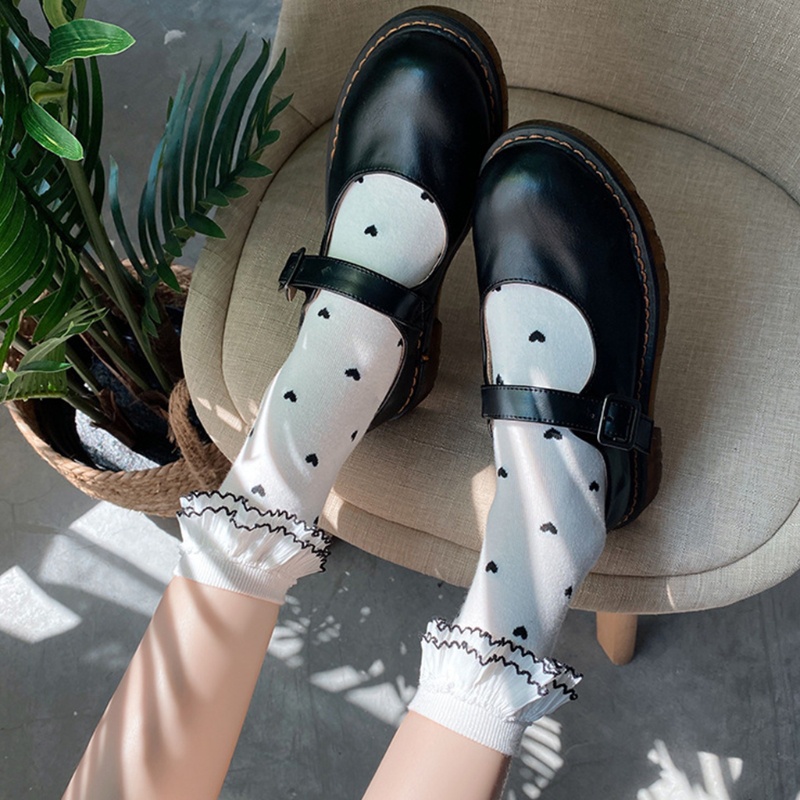 Youyo Vớ Ngắn Hai Lớp Diềm Xếp Nếp In Hình Trái Tim Nhỏ Phong Cách Lolita Nhật Bản Ngọt Ngào Cho Nữ Sinh